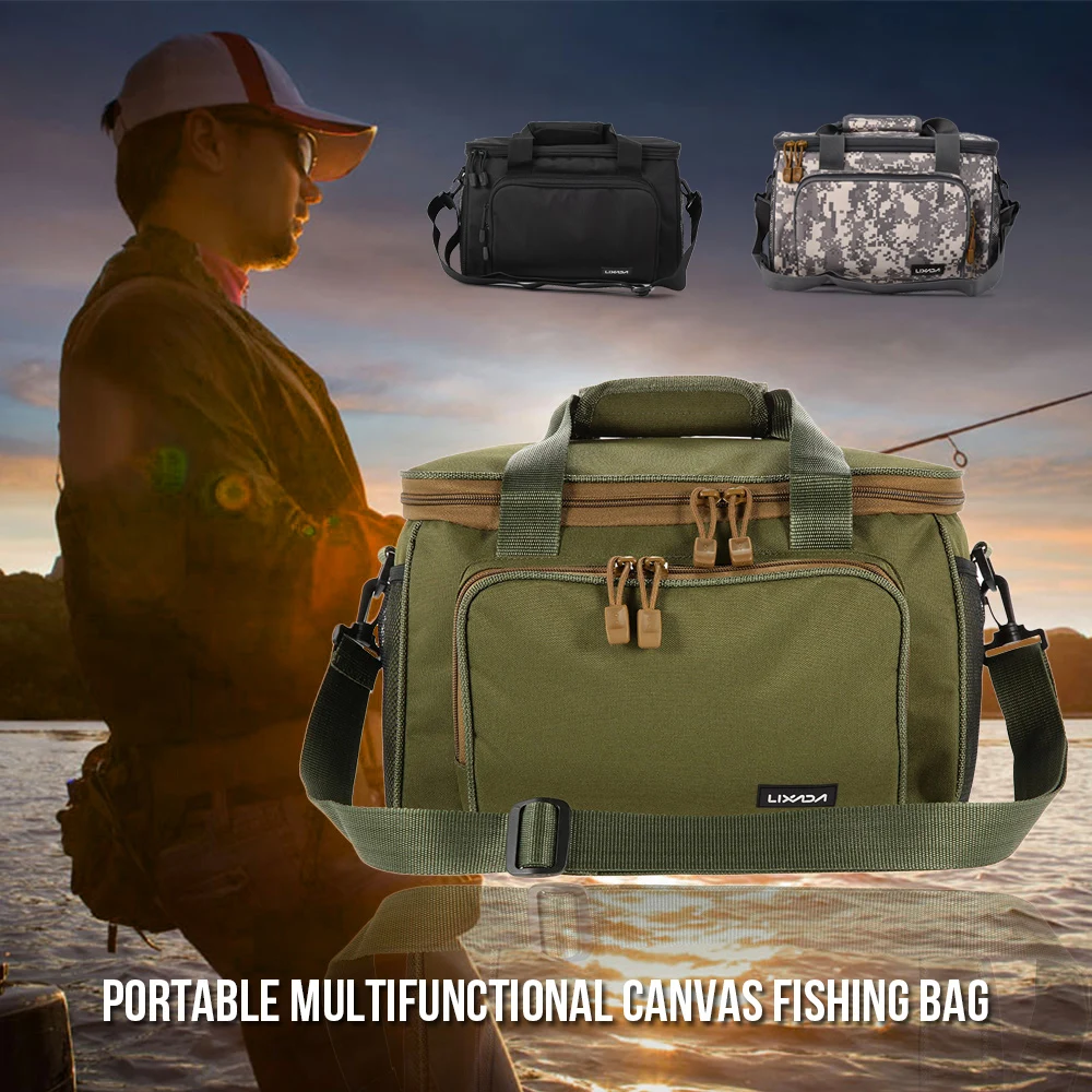 Lixada Portable Multifunctional Canvas Fishing Shoulder Bag Pack Fishing Tackle Bag Fishing Lure Reel Bag Pouch Case