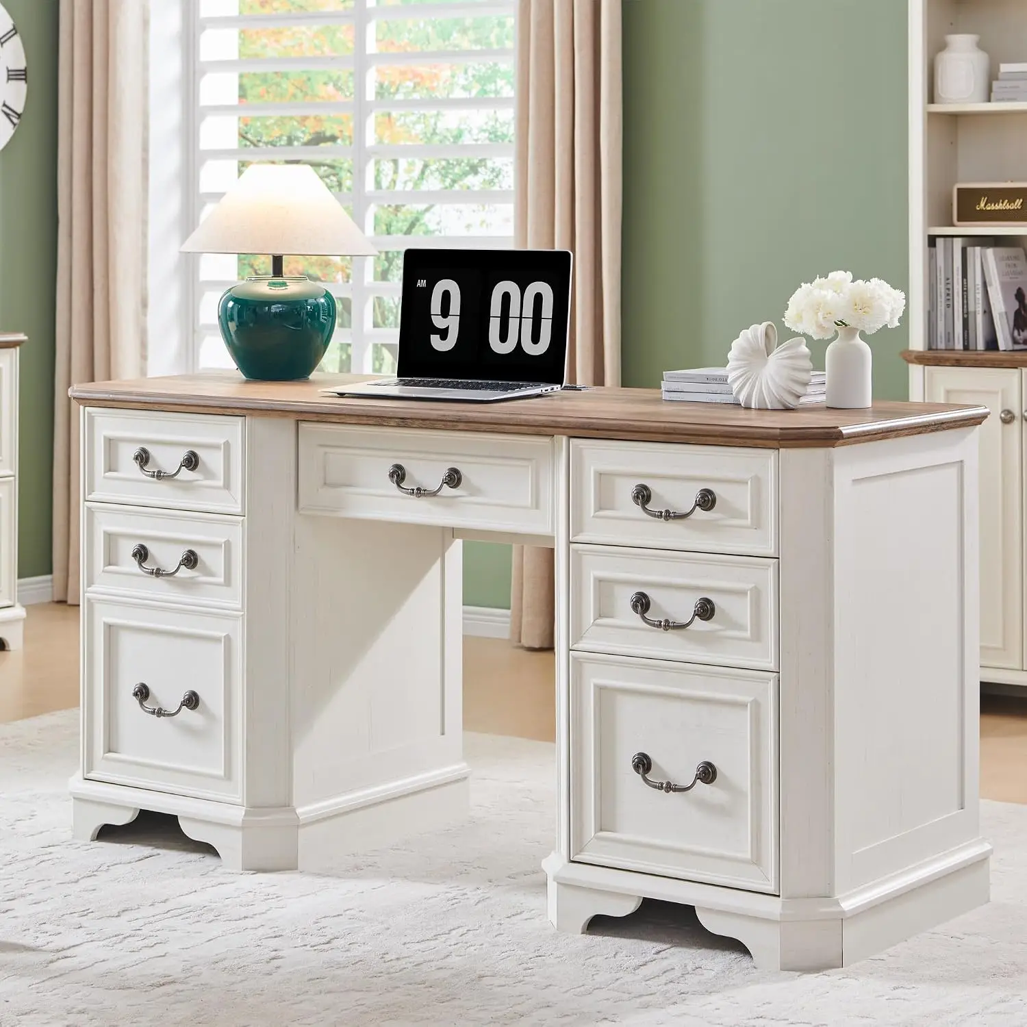 Farmhouse Desk With Drawers, Keyboard Tray, Charging Station, File Cabinet, Wood Office Desk For Work & Study, 59
