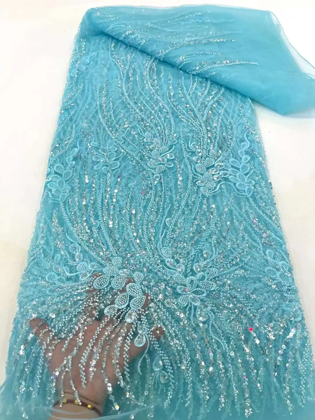 

African Heavy Beads Lace Fabric, French Sequins Groom, Net Fabrics For Nigerian Wedding Party Dress, High Quality Xc