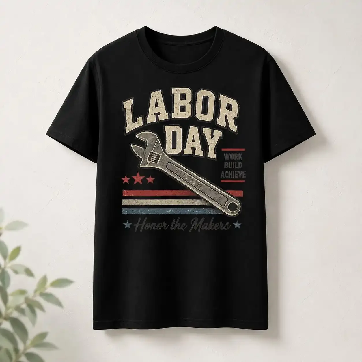 Vintage Labor Day Wrench Graphic Tee, Honor Makers Patriotic USA Top