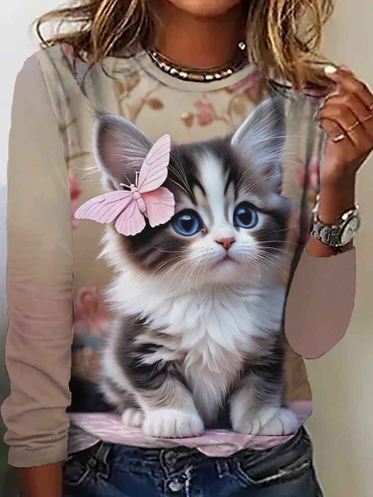 Langarm-T-Shirt für Damen, süße Katze, Herbst, 3D-Druck, Damen-Oberteile, lässig, Rundhalsausschnitt, Pullover, übergroße Kleidung, Outdoor-T-Shirts
