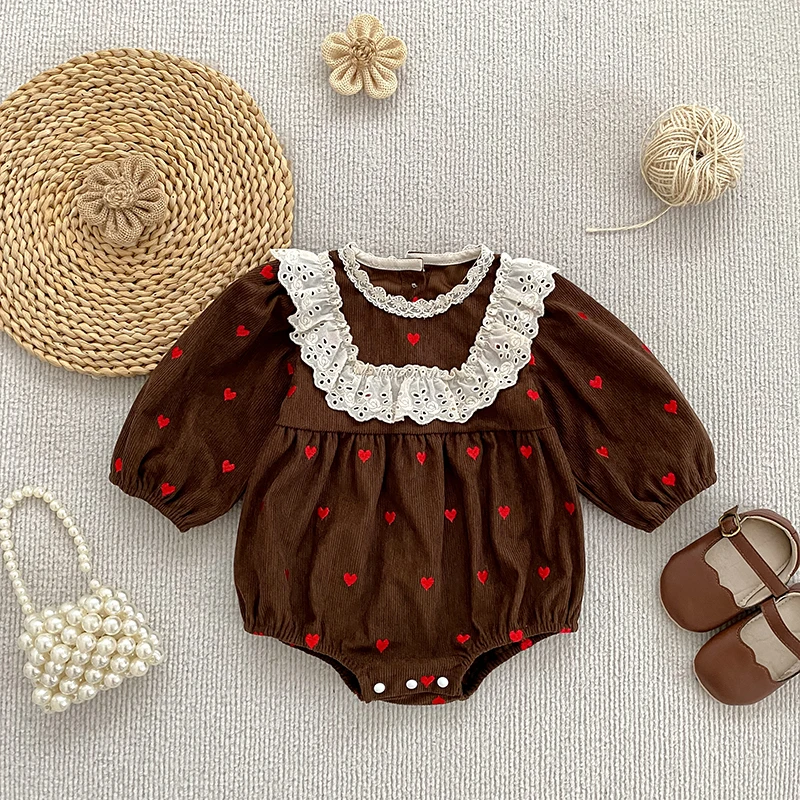 0-24M Baby Girl Corduroy Bodysuit Lace Ruffle Collar Red Heart Embroidery Long Sleeve Brown Onesie Infant Autumn Winter Outfit