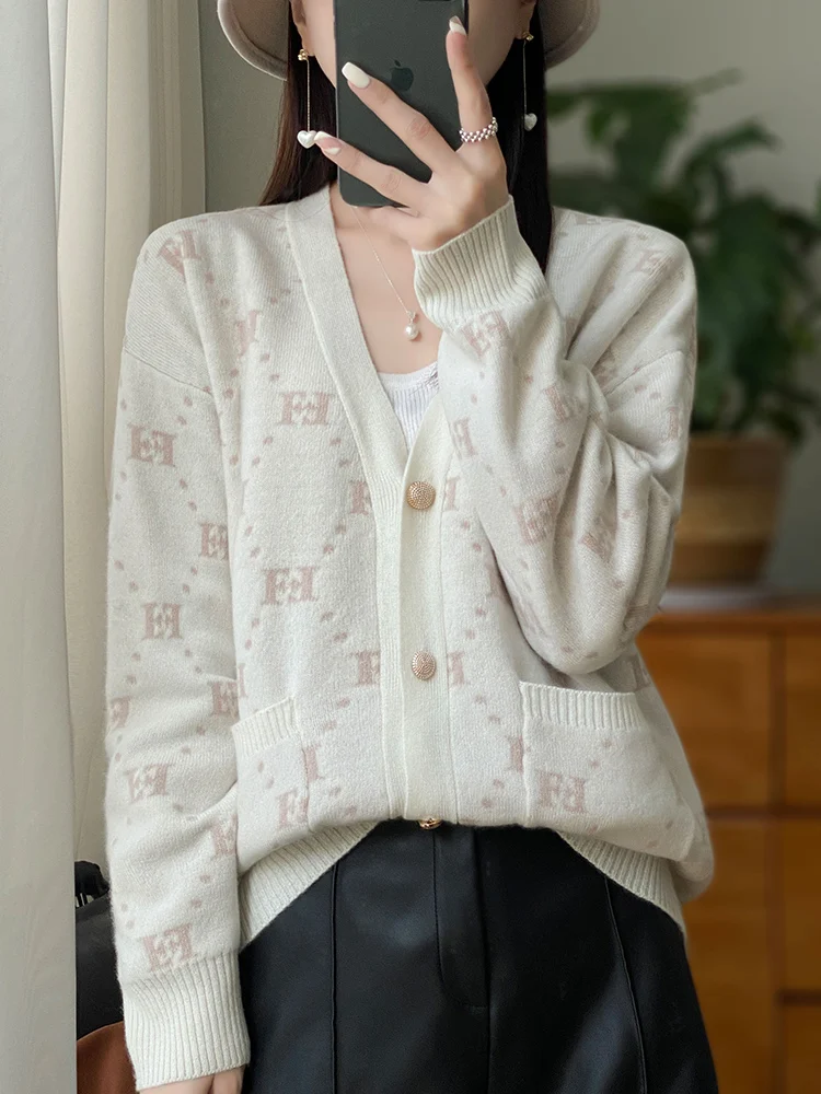 New Chic Long Sleeve V-Neck Cardigan Women Sweater 100% Merino Wool Knitwear Spring Autumn Women Clothing korean popular clothes