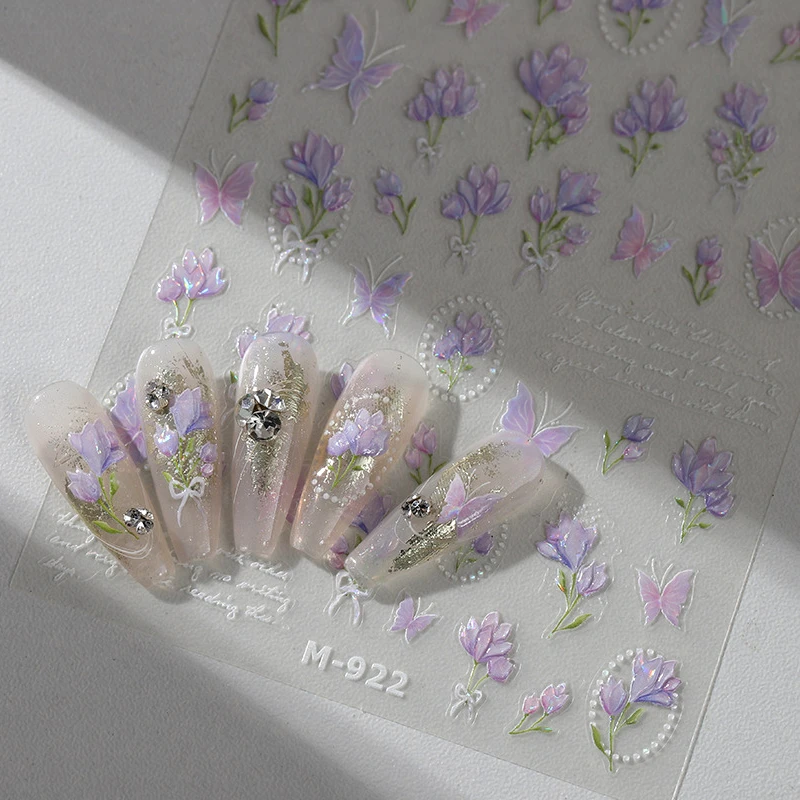 

Purple Magnolia Flower Retro French Chic Bowknot Butterfly Tulip Bouquet Shiny Adhesive Nail Art Decorations Stickers Nail Decal
