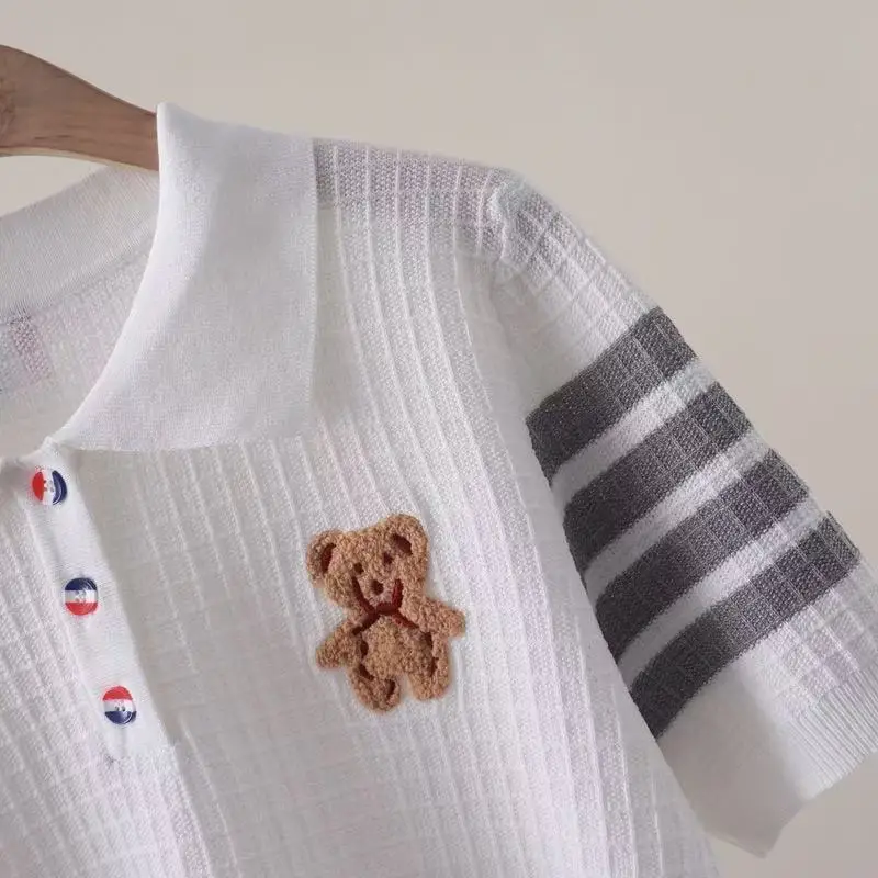 Women Cartoon Embroidery Short Sleeve Knit T-shirt Summer Chic Striped Slim Tops Preppy Style Button Turn-down Collar Pullovers