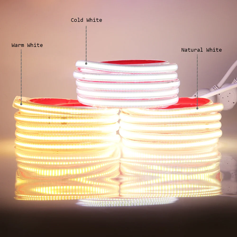 COB LED Strip Light 220V with Adhesive Switch EU Power Plug Kit Waterproof Flexible Led Ribbon Tape High Density Linear lighting