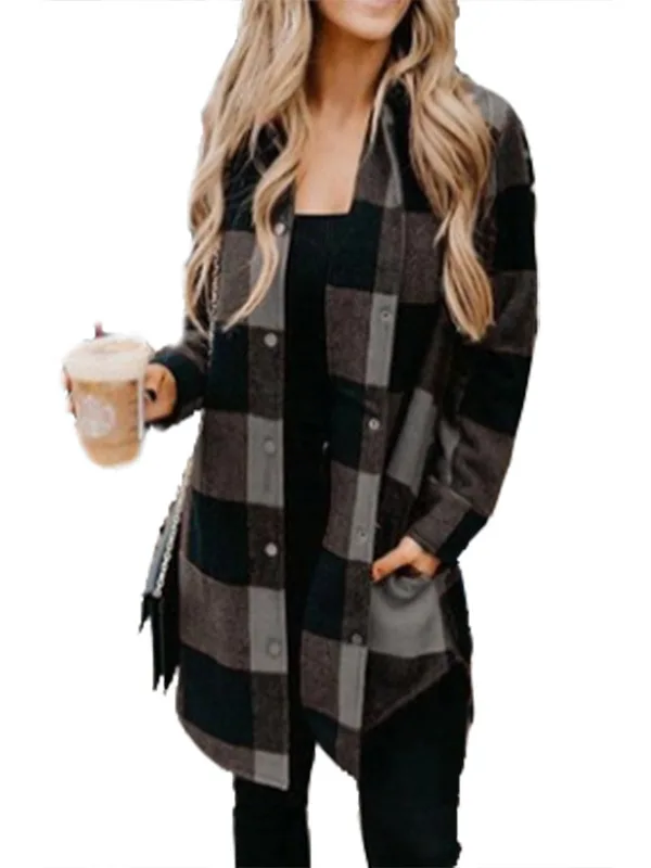 

Женская клетчатая рубашка с отложным воротником, средней длины, осенняя, с длинным рукавом, из тонкого полиэстера, для повседневной носки, модная, из полипропиленовой ткани