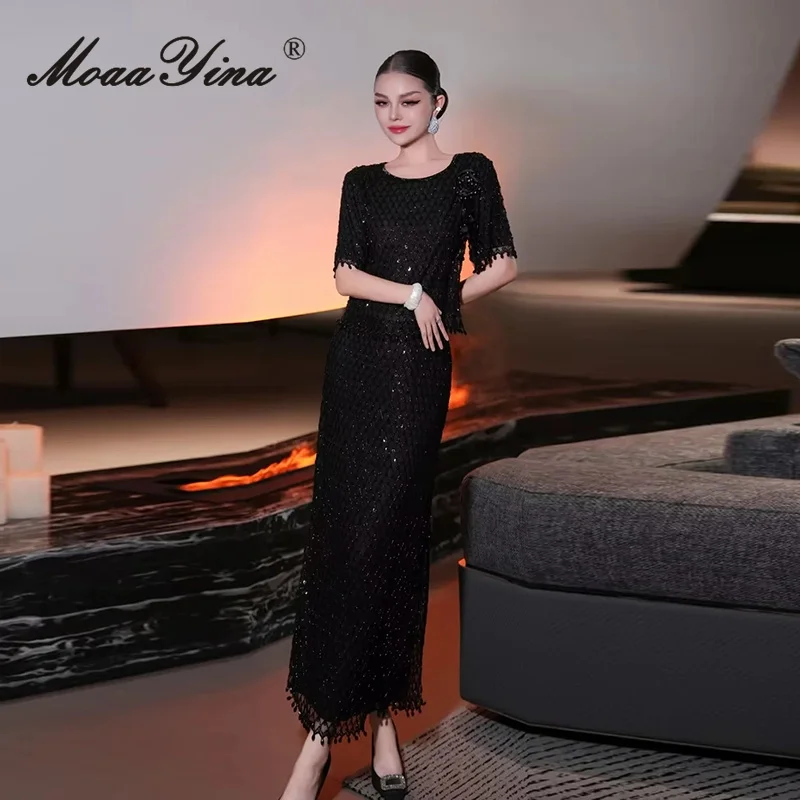 MoaaYina 2025年秋 レディース 刺繍パールクリスタルダイヤモンド装飾 ライトラグジュアリー ツーピース ミディアム丈スカートセット