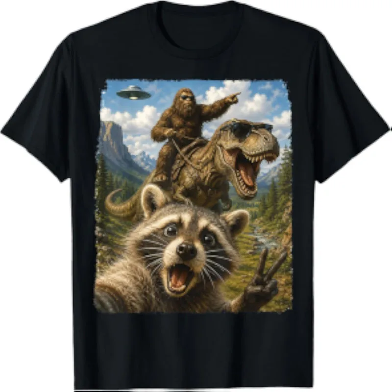 Men Funny Bigfoot Ride Dinosaur Raccoon Selfie UFO Graphic T Shirt Short Sleeve O-neck Casual Cotton Tee Tops
