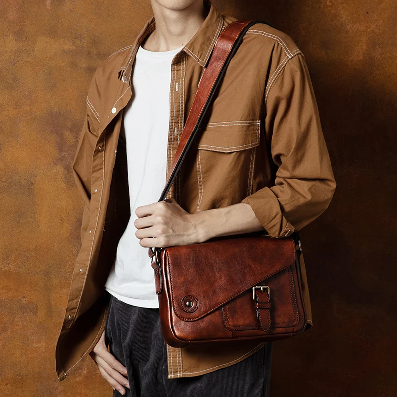 Leather men\'s bag messenger bag casual tide brand handmade bag with leather shoulder bag men\'s shoulder bag