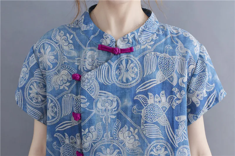 Estampado retro Dr Algodón Lino ort Sve Chino Sle Stand Collar Largo Dr Étnico Faion Commute Sle