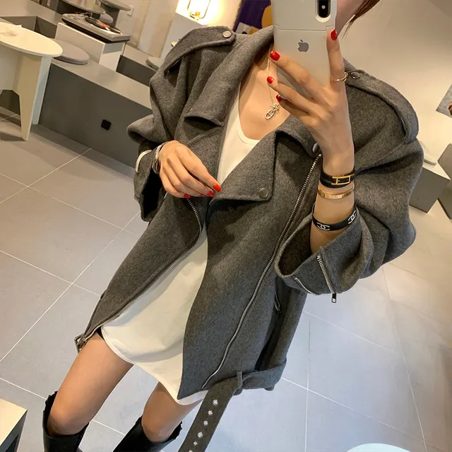 

Ретро-куртка женская шерстяная свободного кроя с молнией, укороченная, с завязками на талии, в стиле мотоциклетной куртки, модная верхняя одежда с воротником, трендовая