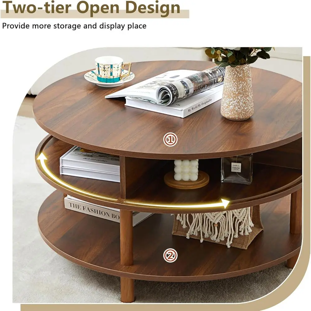 Walnut 31.5 Round Storage Coffee Table with 2 Tier Tambour Door for Small Spaces