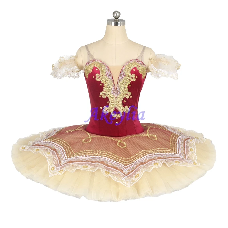 Professionele tutu Bordeaux fluwelen pannenkoek tutu meisjes klassieke ballet kostuums Paquita La Esmeralda concurrentie 11 lagen JN9090