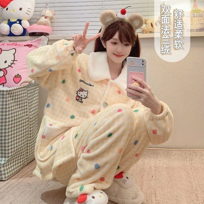 

Yellow Plaid Hello Kitty Pajamas Girls Autumn Winter Thickened Coral Velvet Warm Soft Comfortable Cute Cartoon Home Clothing Set