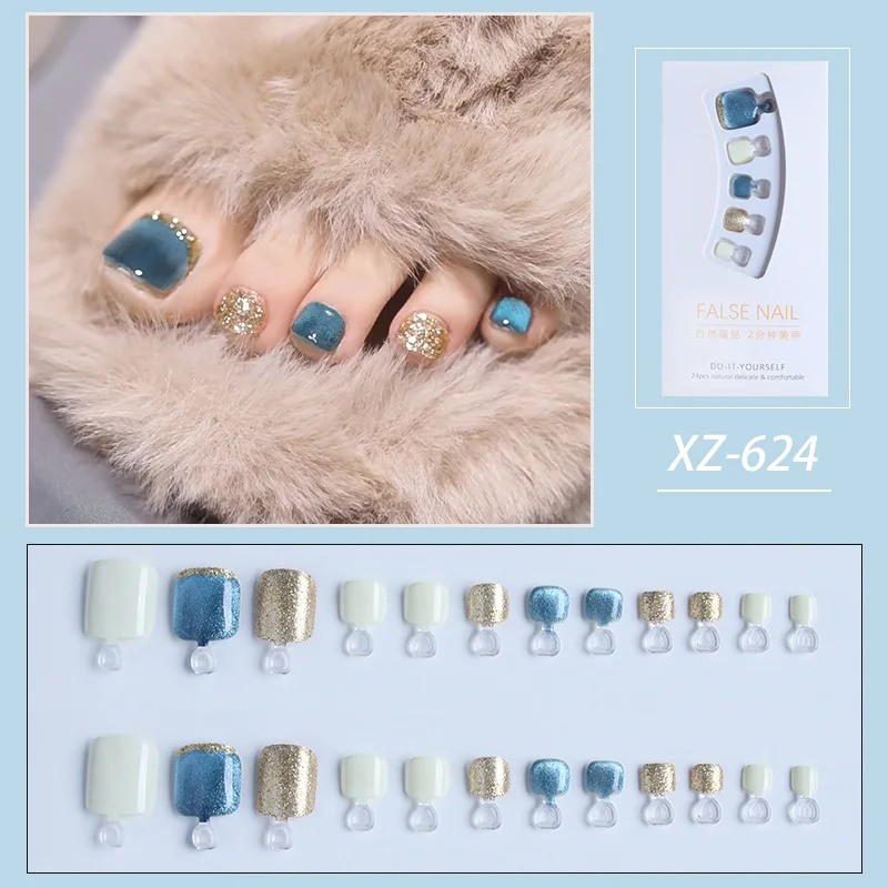 Uñas postizas de estilo francés, uñas artificiales de longitud media, Cabeza Cuadrada, cubierta completa desmontable, lentejuelas azules con