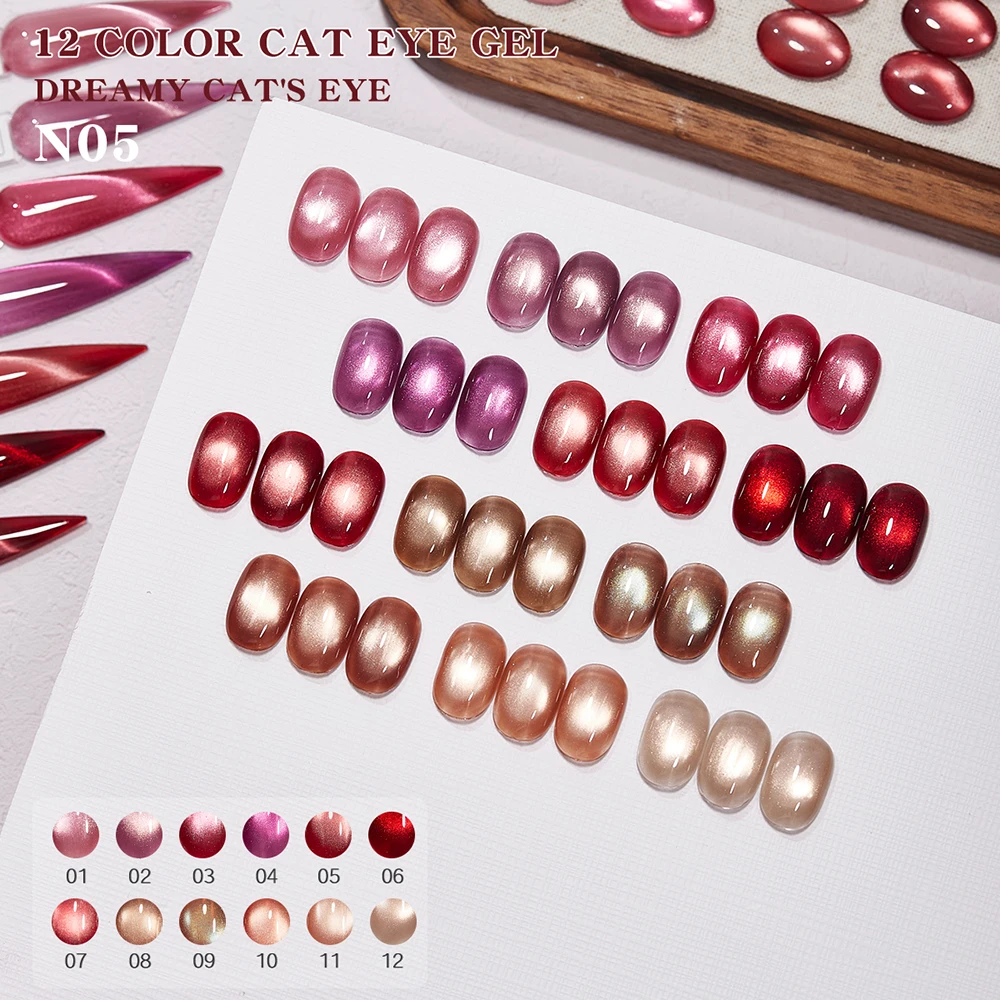 Vendeeni 12 Colors/Set Red Crystal Cat Eye Gel Nail Polish Semi Permanent Ruby Magnetic UV LED Soak Off Gel Varnish With Display