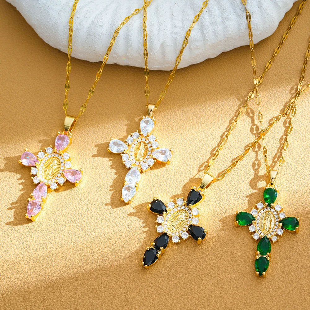قلادة جديدة لعام 2025 على شكل أم مقدس على شكل متقاطع، سلسلة شفاه من الزركون عصرية ومتعددة الاستخدامات للنساء