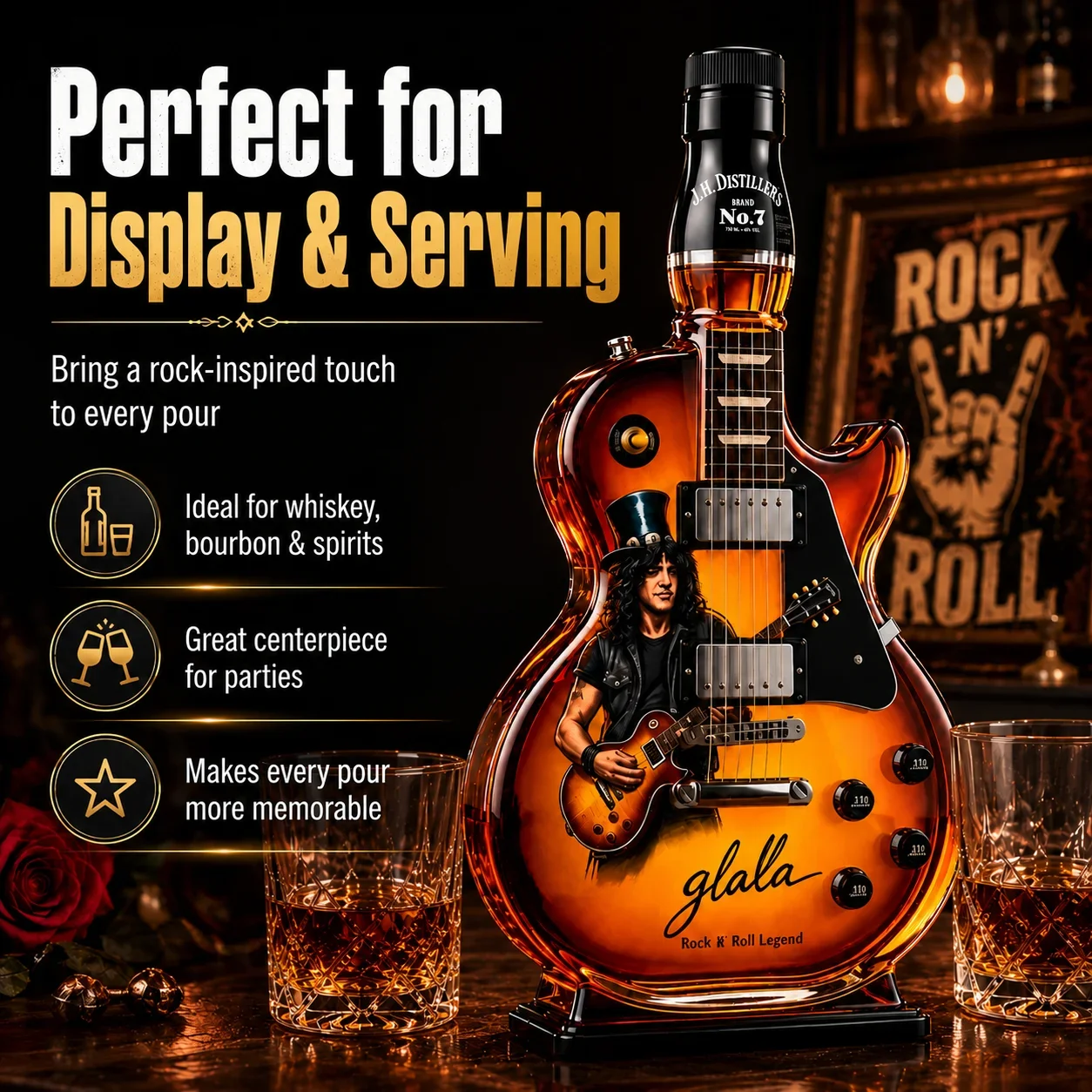 Decantador de whisky con forma de guitarra Slash, botella de licor con temática de Guns N' Roses, artículo de barra coleccionable de whisky de Tennessee para fanáticos del rock
