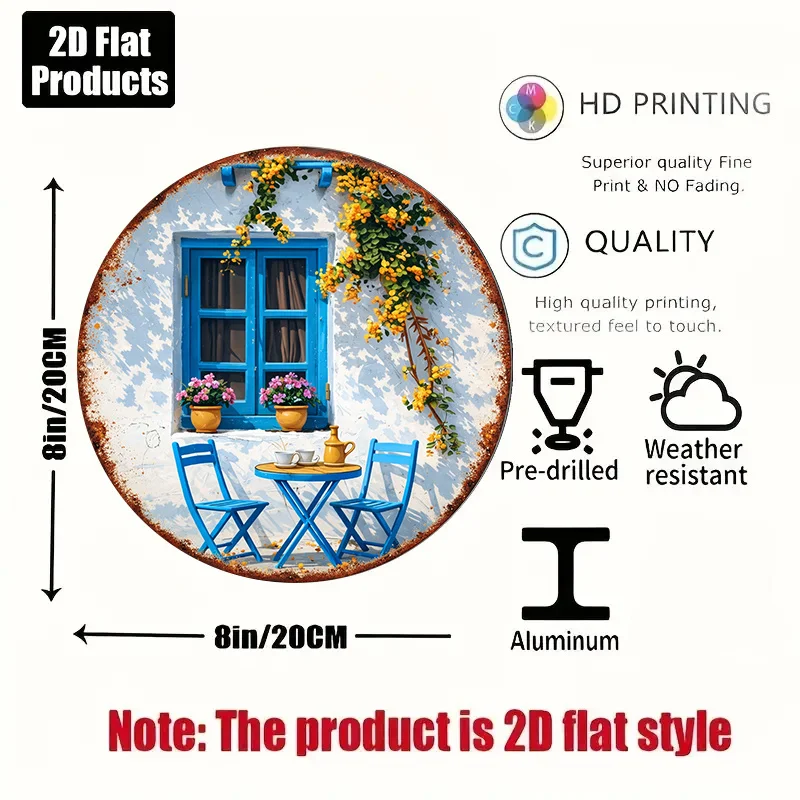 1pc 8*8In/20X20Cm 2D Flat Round Sign, Vintage Plaque about Mediterranean Town, Greek Island Cafe Decorative Sign, Suitable for C