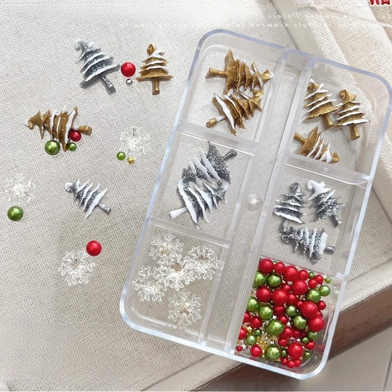 6-delige kerst nail art accessoire set 3D kerstboom nagel tops transparante sneeuwvlok hars nagel studs kleine decoratieve stukken