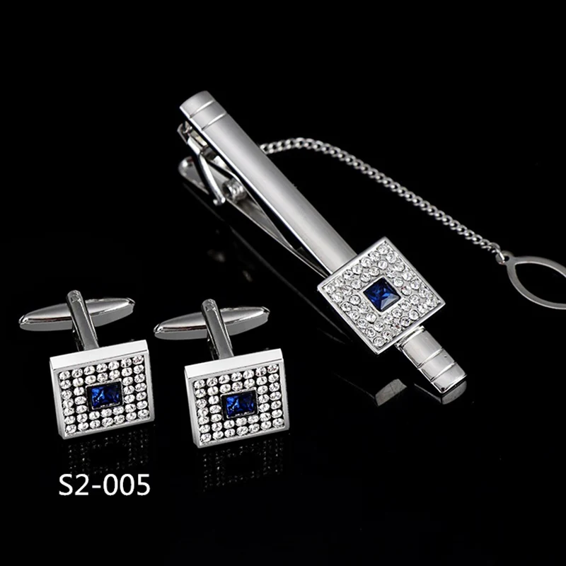 Men\'s French Cufflinks Tie Clips Set Luxury Tie Pins For Mens Suit Accessories Tie Bars Cuff Links Set Crystal Wedding Jewelry