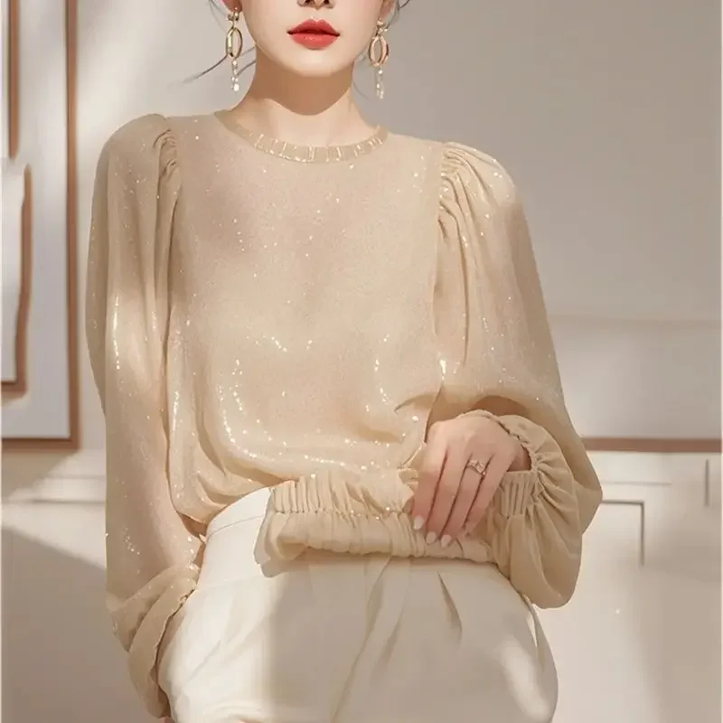 

High-end Beige Sequined Blouse Women New Spring Luxury Loose Splice Shirt Fashion Lantern Sleeve Shiny Womens Clothing
