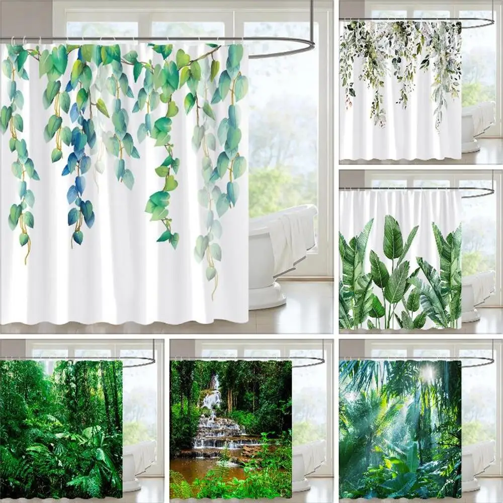 Tenda da doccia foresta tropicale piante verdi paesaggio naturale tenda appesa tessuto in poliestere decorazione del bagno Set con ganci