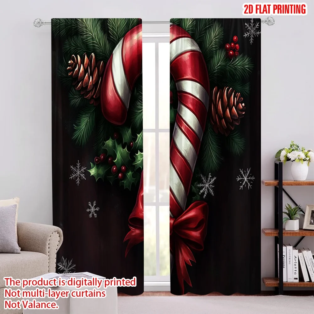 2pcs,2D plane printing Popular Curtain Panels Christmas Candy Cane Pinecone Bow (2) 100% Polyester (without rod) Holiday for