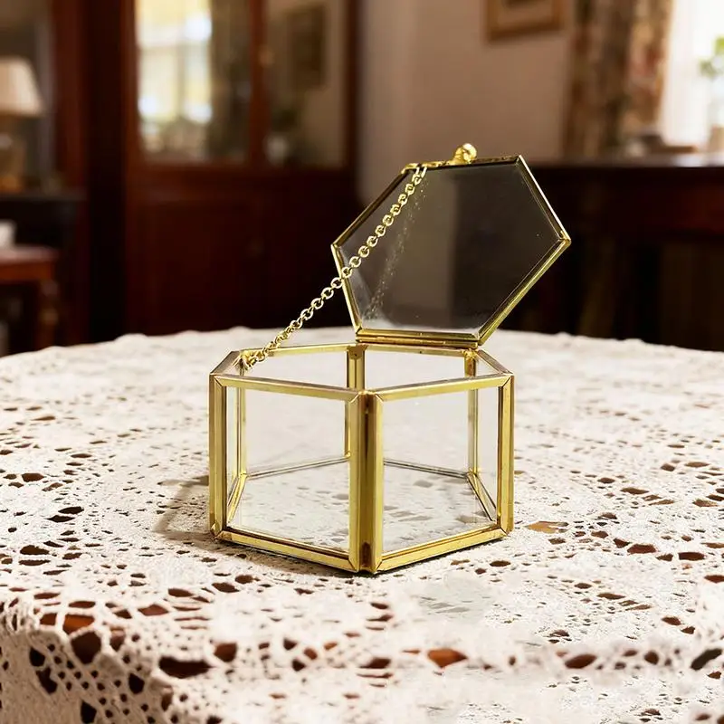 Elegent RingBox Transparent Glass Box Jewelry Organize Box Hexagon Wedding Ring Box European-Style Hexagonal Ring Box
