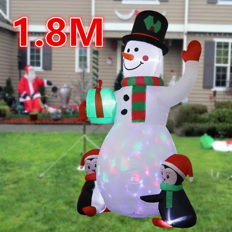 

1.8M/6FT Christmas inflatable snowman with two penguins, built-in LED lights, outdoor Christmas garden decoration