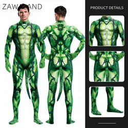 Zawaland Snake Printed Cosplay Costume Men Creative Animal Petsuit with Tail Full Cover Bodysuits Zentai Suit Male Funny Catsuit