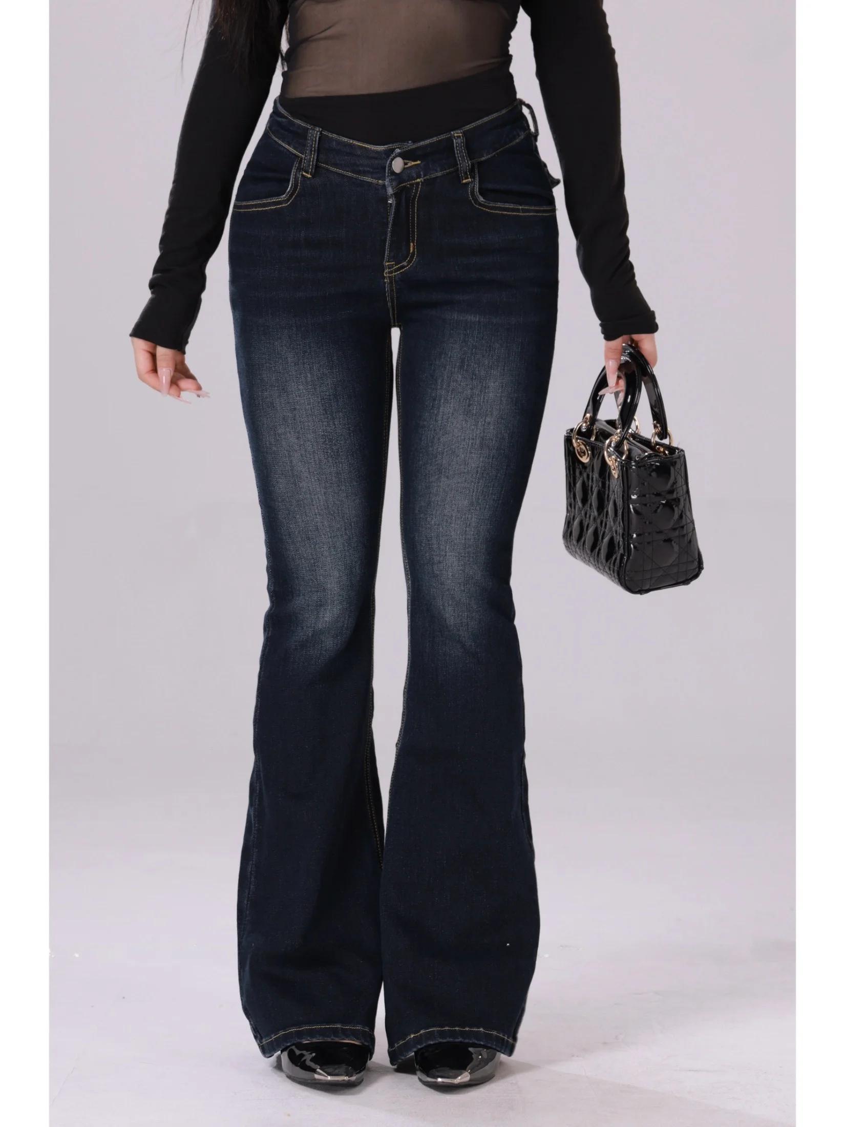 

Джинсы MengFairy Super Slimming с V-образным вырезом и высокой талией, расклешенные, женские, модные, осенне-зимние, повседневные, удобные, из денима