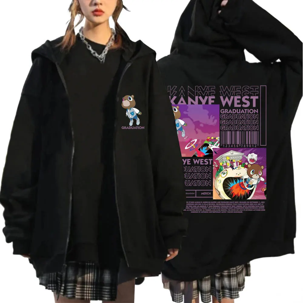 Rapper Kanye West Graduation Bear Zip Up Hoodies Men Women Fashion Hip Hop Popular Sweatshirt Loose Casual Warm Coats Fans Gifts