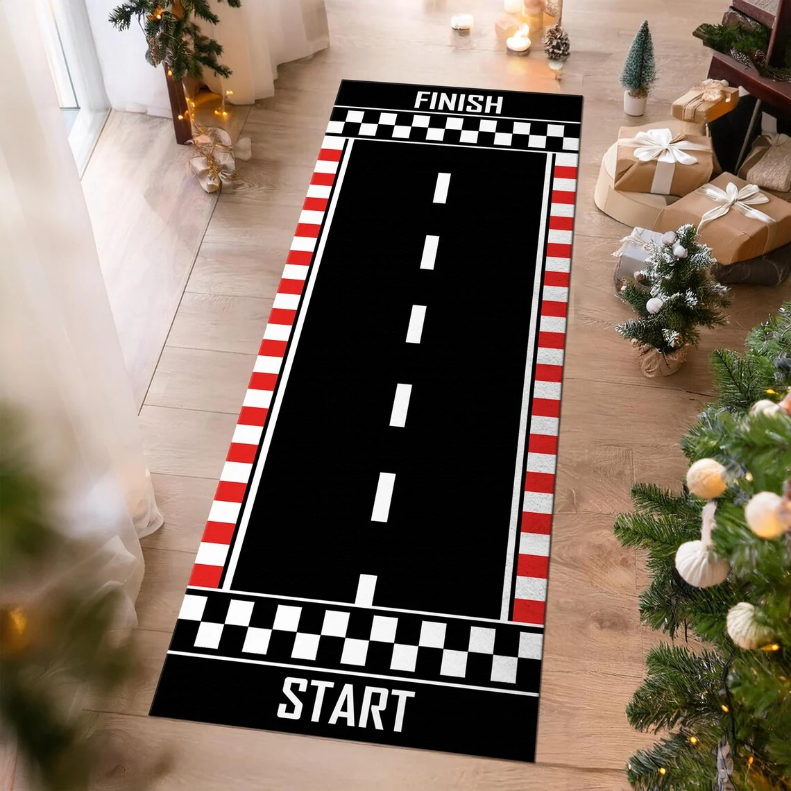 Race Road Track Runner Rug, Race Car Rug, Track Rug for Boy's Room, Kids Play Mat, Start-Finish Rug, Non Slip Racing Car Rug