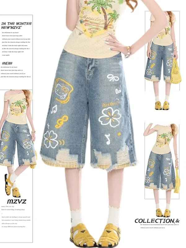 American Style Cartoon Graffiti Hole Denim Women's Summer New Plaid Splicing Loose Wide Leg Pants High Waist Trousers
