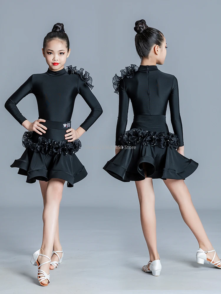 Black Cha Cha Rumba Latin Dance Kostuum Meisjes Dance Dress Tango Dance Jurken Meisjes Performance Pak Kids Latin Ballroom Kleding