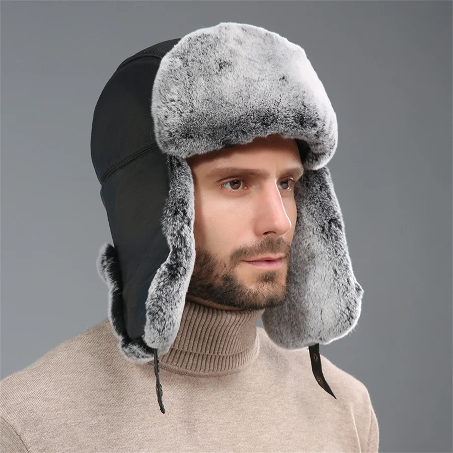 2024 Winter Bomber Ushanka Hat Men Pilot Aviator Bomber Trapper Hats Real Fur Rabbit Leather Snow Cap With Ear Flaps Pilot Hat