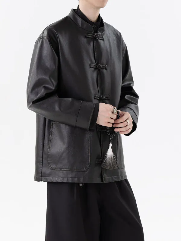 

Новая китайская винтажная кожаная куртка для мужчин, свободного кроя, ручной работы, с эффектом потертости, на пуговицах, ветровка, модная куртка из искусственной кожи