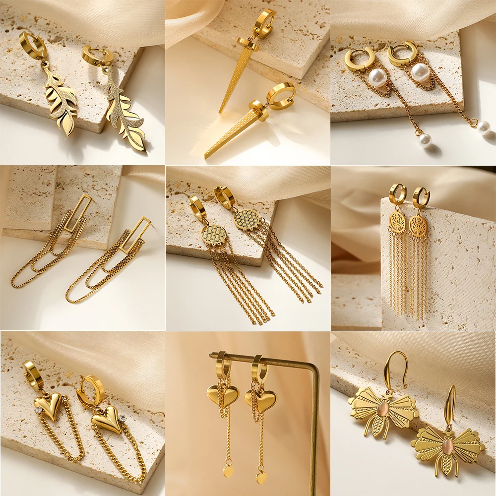 9 Styles 316L Stainless Steel Cubic Zirconia Drop Earrings For Women Girls Stylish Gold Color Party Dating Jewelry Gift