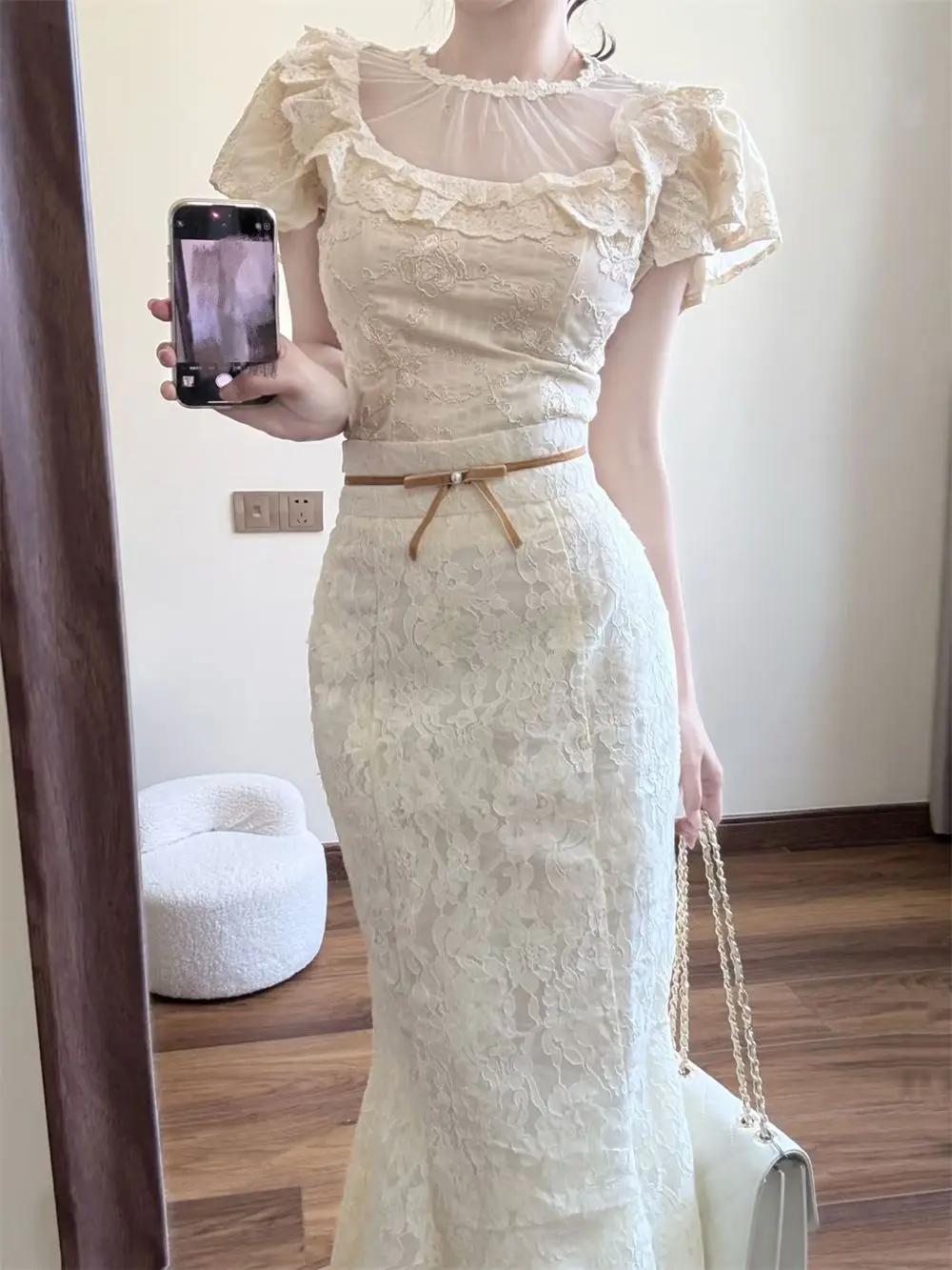 

Лето 202, женский роскошный кружевной топ, юбка-русалка, облегающий комплект с рюшами во французском стиле