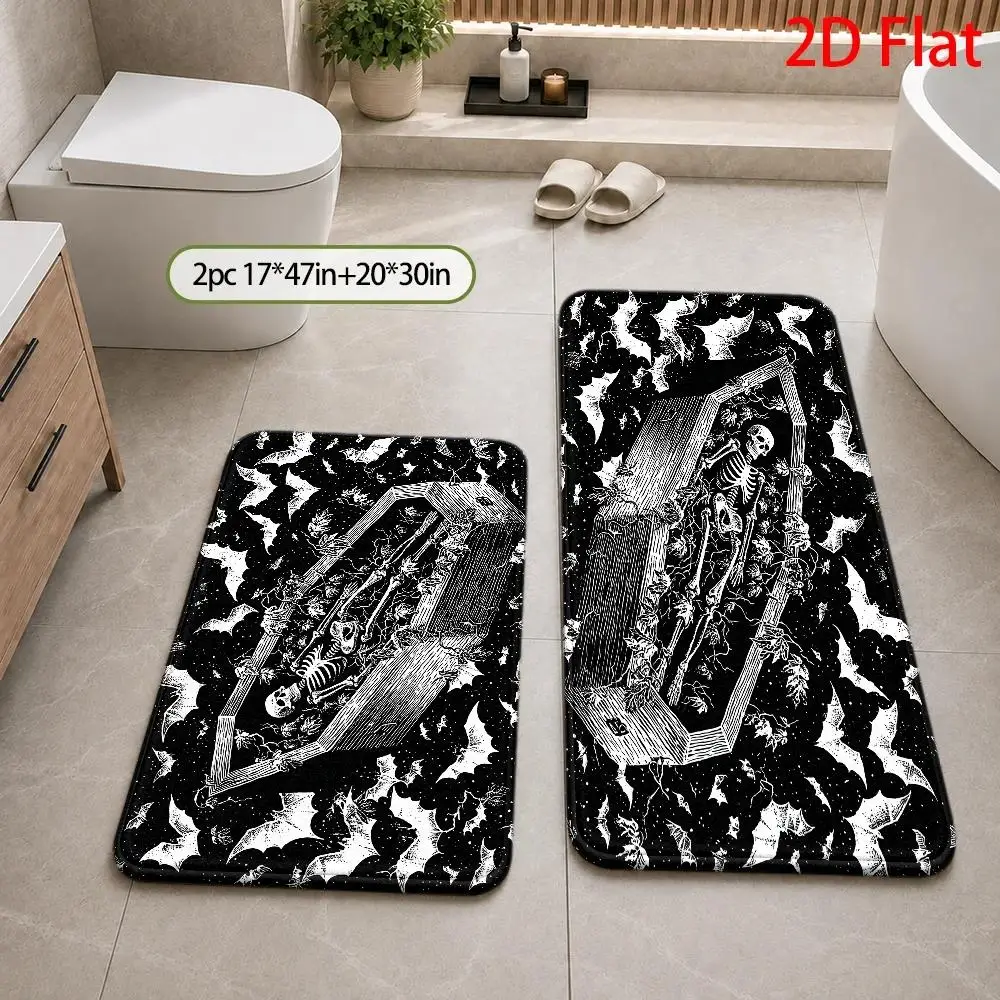 2D Flat Gothic Bat Coffin Skeleton Bath Area RugBlack‑white Halloween Horror‑style Floor Decor,Durable Machine Washable Ornament