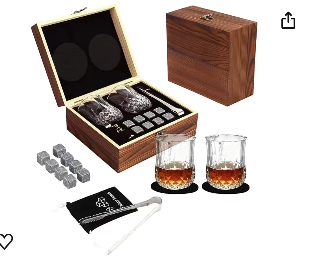 Whiskey Glass Set of 2 Glass & Stones Gift Includes Old Fashioned Crystal Whisky Glasses Whiskey Glasses Set in Wooden Box