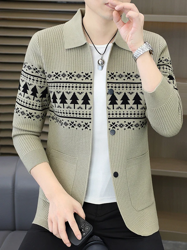 

Мужской вязаный кардиган с отложным воротником, свободный крой, повседневный стиль, модный пэчворк с цветочным узором, верхняя одежда для осени и зимы, новинка