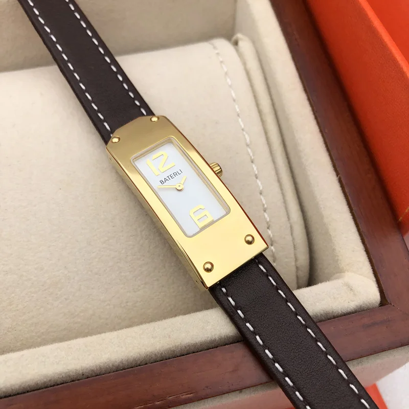 Fashion Brand Orange Leather Strap Woman Watch Stainless Steel Silver lady Swiss Quartz Rectangle Female Clock Sapphire Glass