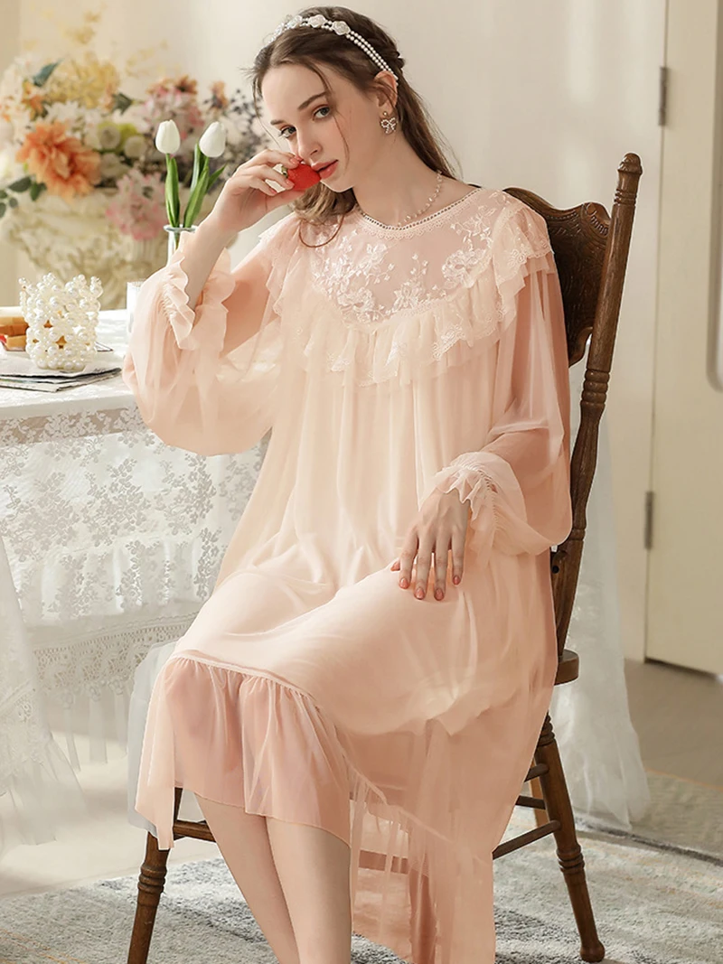 Autumn Spring Women Vintage Princess Fairy Sleepwear Lace Mesh Ruffles Long Sleeve Nightgowns Victorian Homewearjavascript: