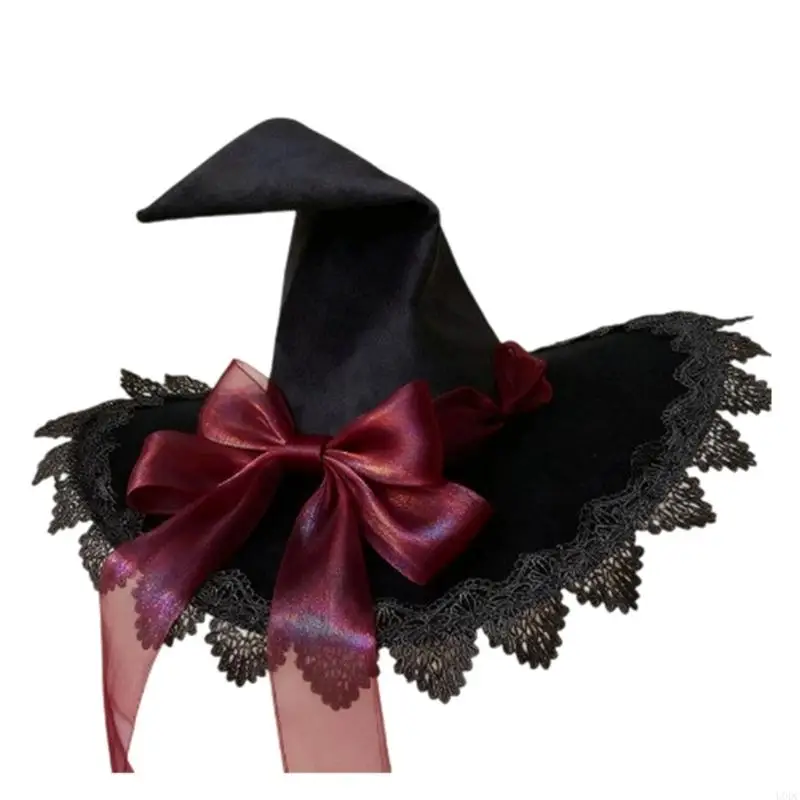 Pointed Halloween Hat for Costume Styling, Lace-Edge Wizard Headpiece with Oversized Ribbon Accent for Party Looks Y166
