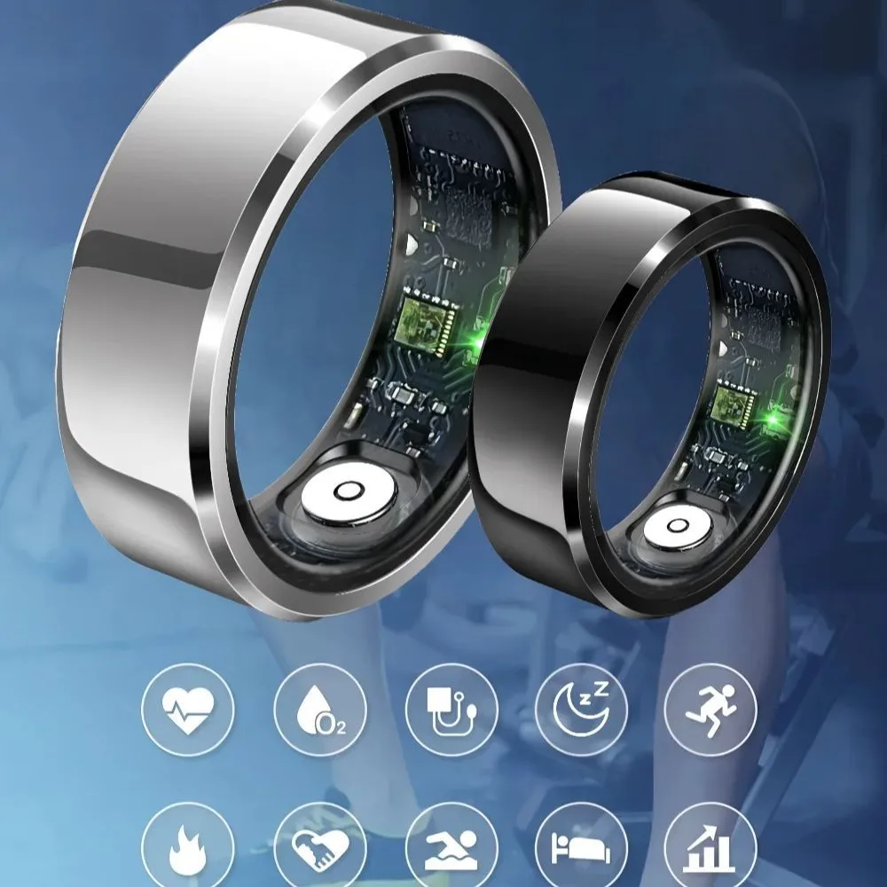 Smart Ring with Charging Case Stainless Steel IP68 Waterproof Heart Rate Blood Oxygen Pressure Monitor Sport Fitness Tracker