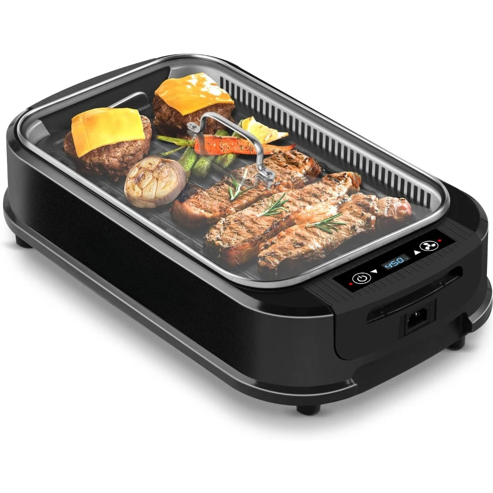 

Indoor Grill, Smokeless Grill Indoor, Electric Grill Griddle LED Smart Display & Tempered Glass Lid, Non-stick Removable Grill