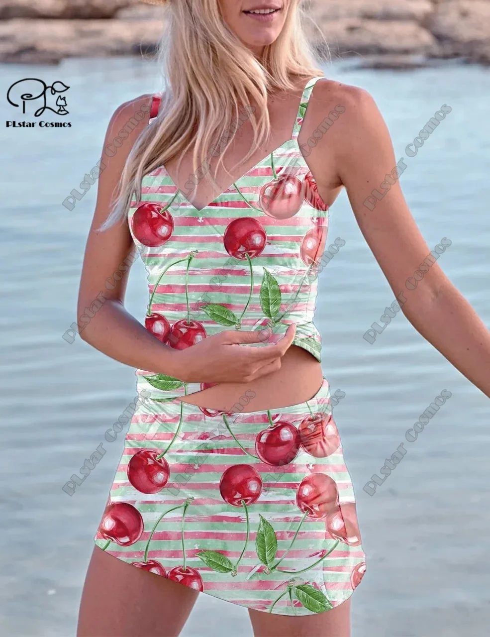 Femmes V-cou été petit frais imprimé floral jupe à bretelles maillot de bain deux pièces costume vacances voyage nouveau maillot de bain Q-4